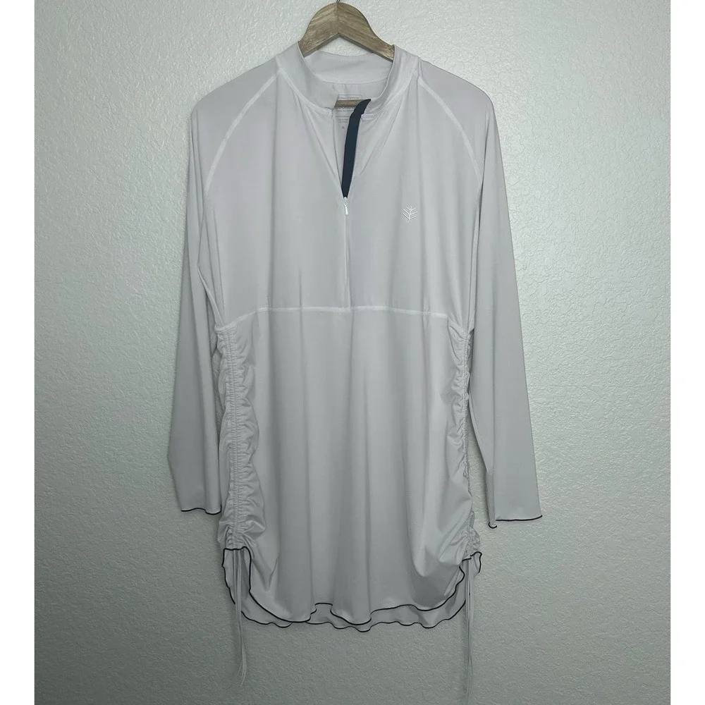 Coolibar Women's XL Lawai Women's Ruche Swim Shirt White UPF 50+ Quarter Zip